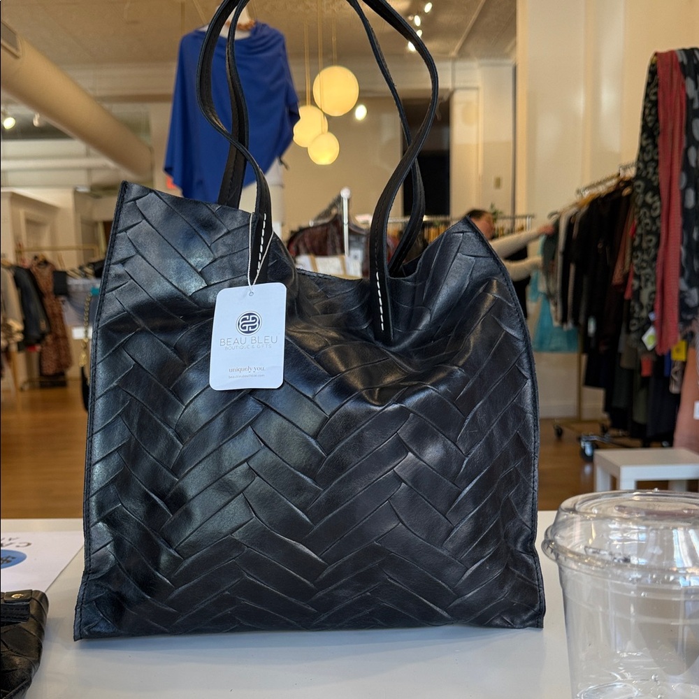 Beau Bleu Black Woven Leather Tote